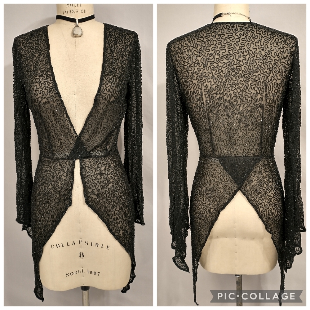 Norma Kamali Beaded Jacket Vintage Designer Black Elegant Top w Classy Tux Tails